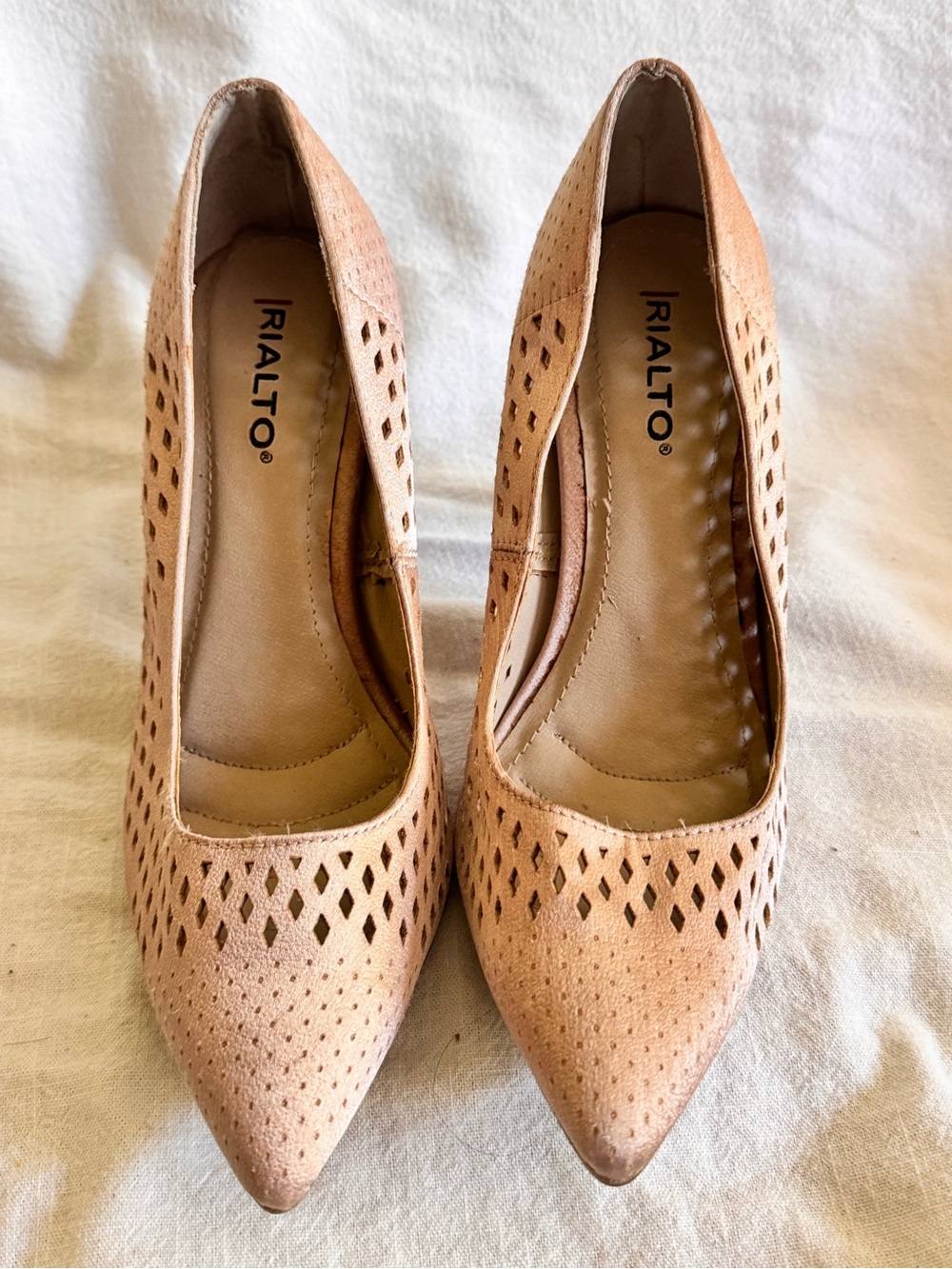 Rialto Perforated Pointed-Toe Pumps in Tan. Used twice